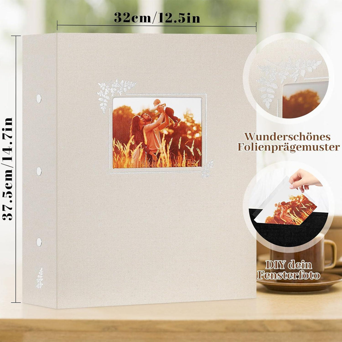 Fotoalbum Leinen 600 Fotos 11,5x15cm Beige mit Foto-Fenster
