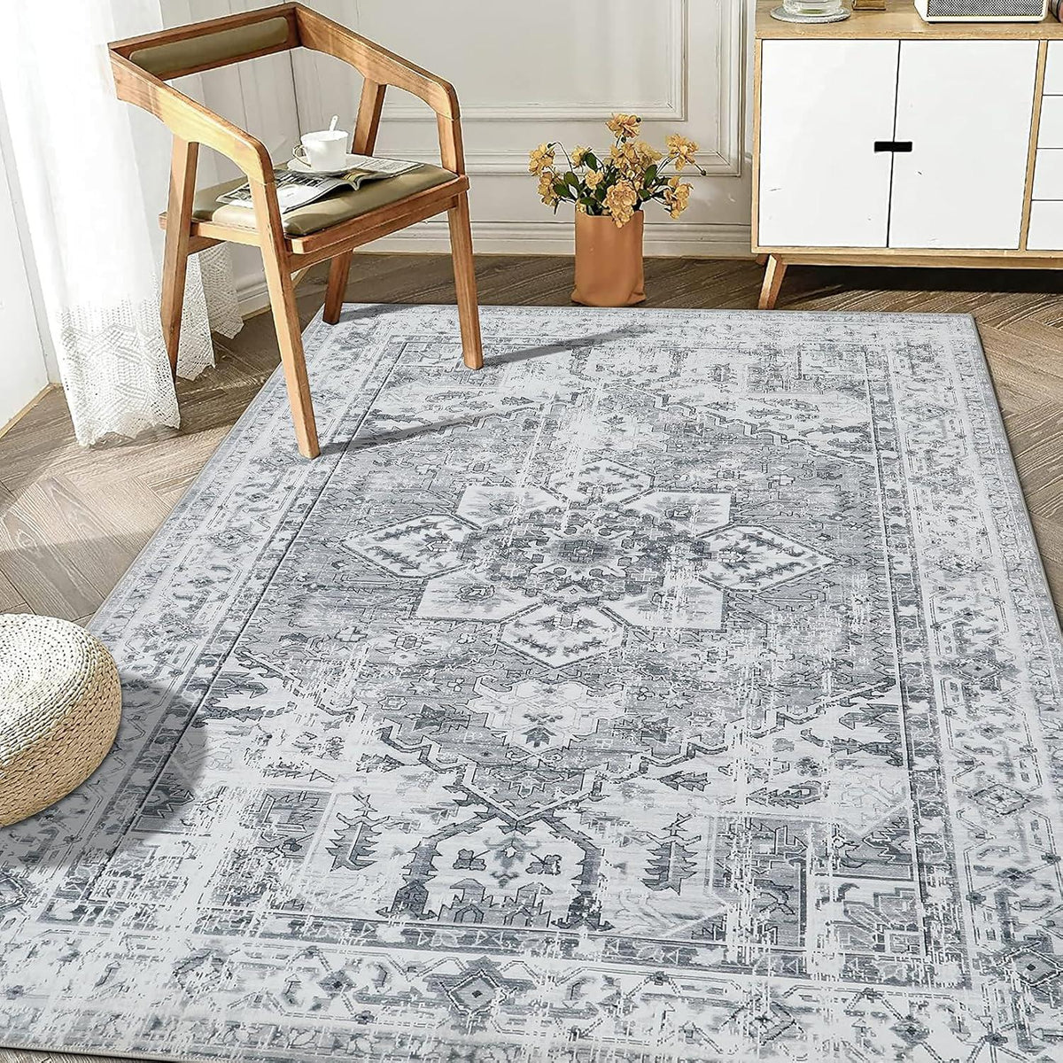 Boho Teppich kurzflor waschbar rutschfest Vintage Design Grau 120x170