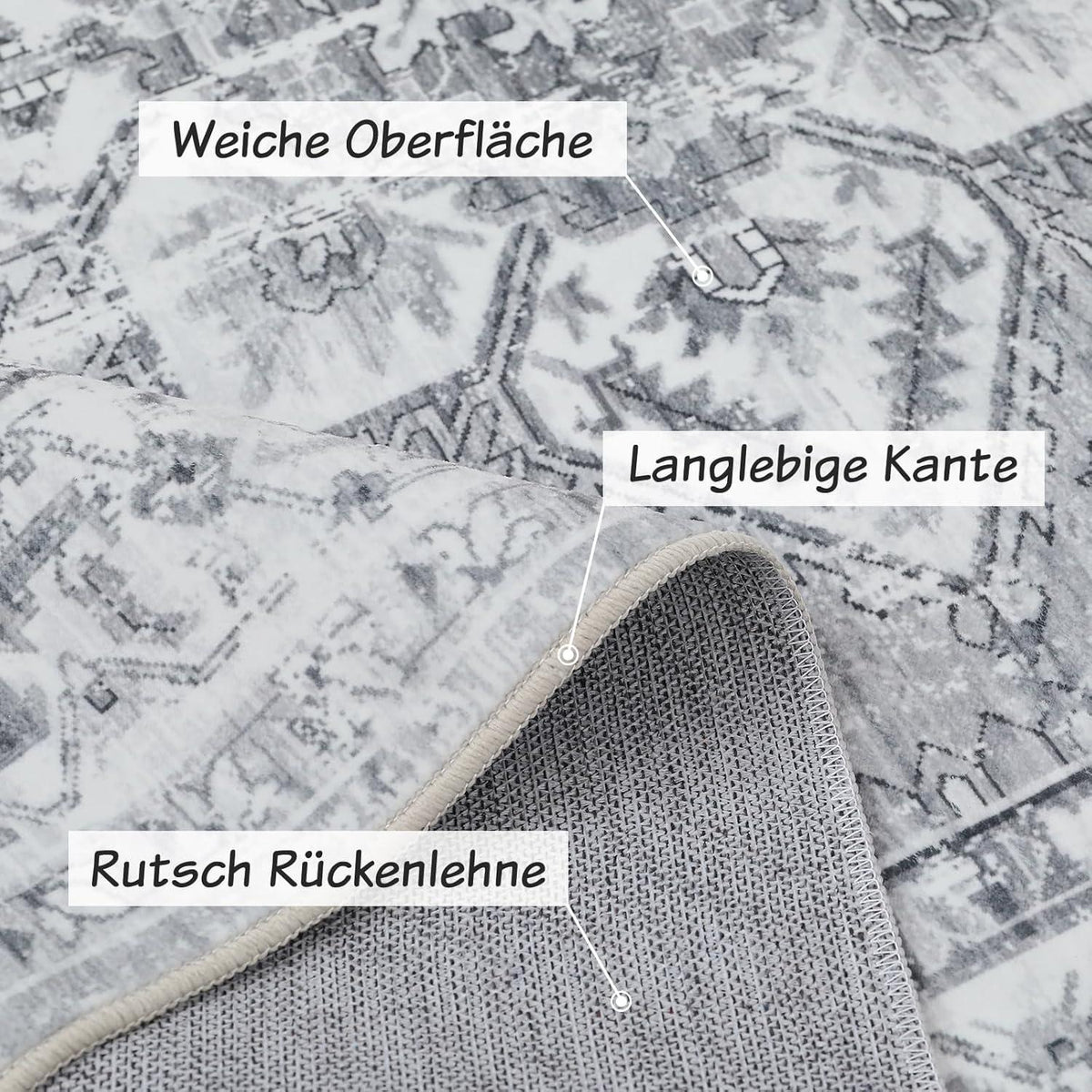 Boho Teppich Vintage Design Grau 120x170 cm Waschbar Weich