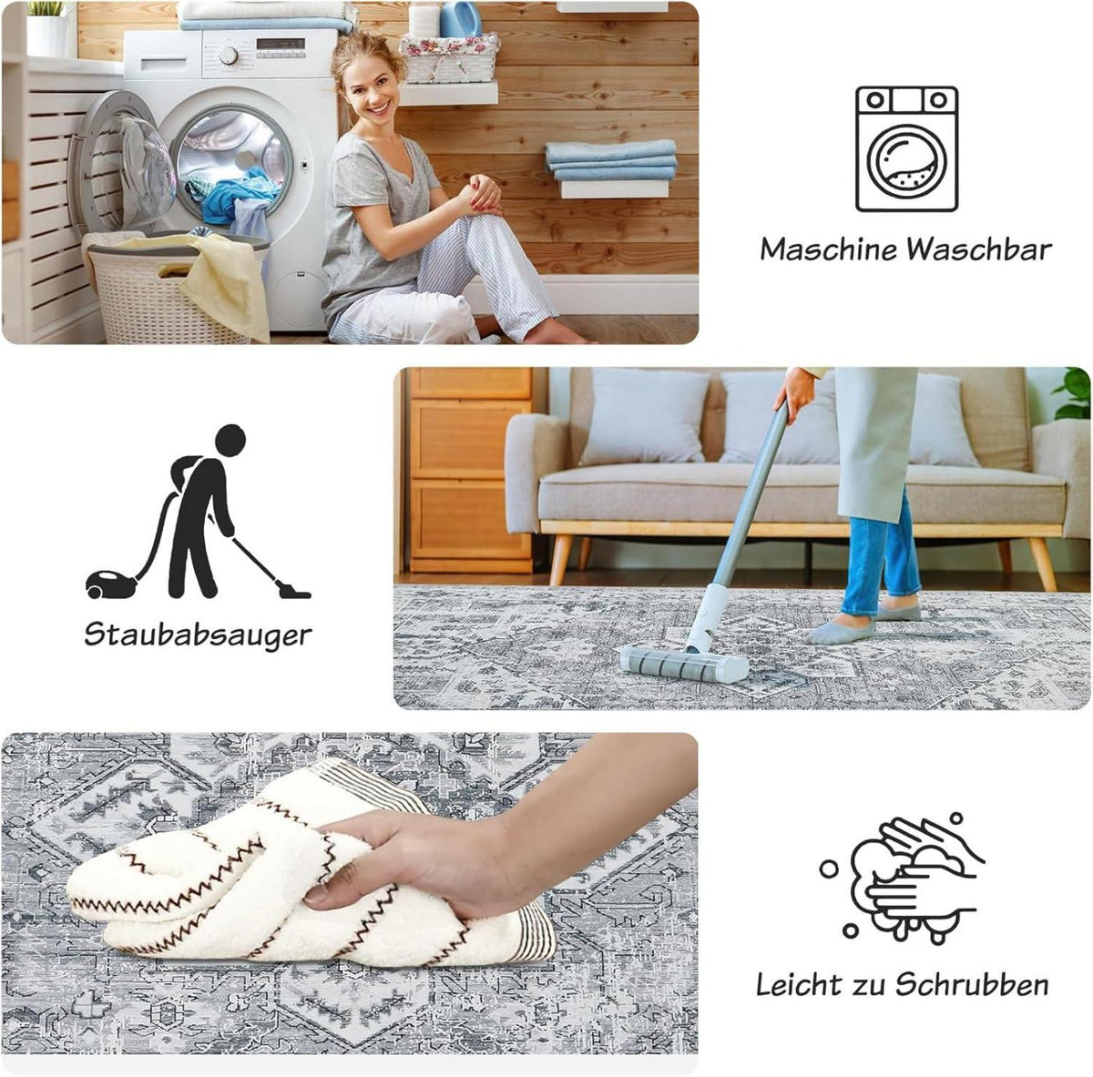 Boho Teppich Vintage Design Grau 120x170 cm Waschbar Weich