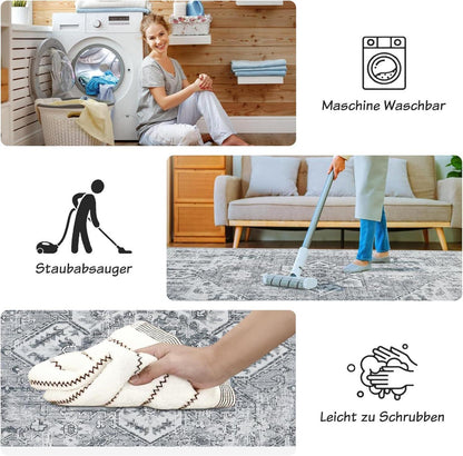 Boho Teppich Vintage Design Grau 120x170 cm Waschbar Weich