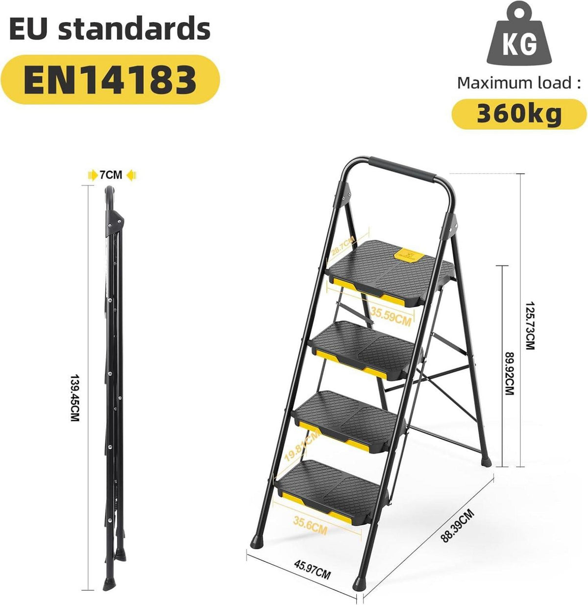 Leiter 4 Stufen klappbar rutschfest breites Pedal Schwarz