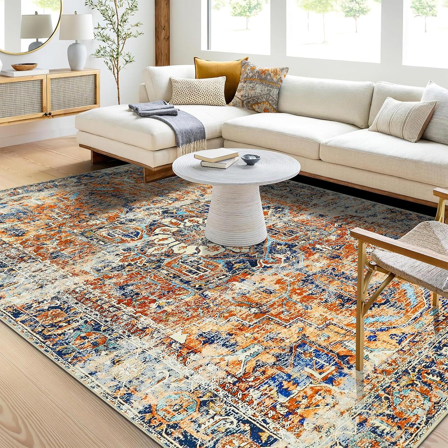 Boho Vintage Teppich Orange Kurzflor Rutschfest 120x170 cm waschbar