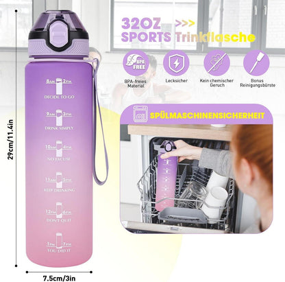 AOPREL Sport Trinkflasche 1L mit Stroh Zeitmarkierungen BPA-freiLila Rosa