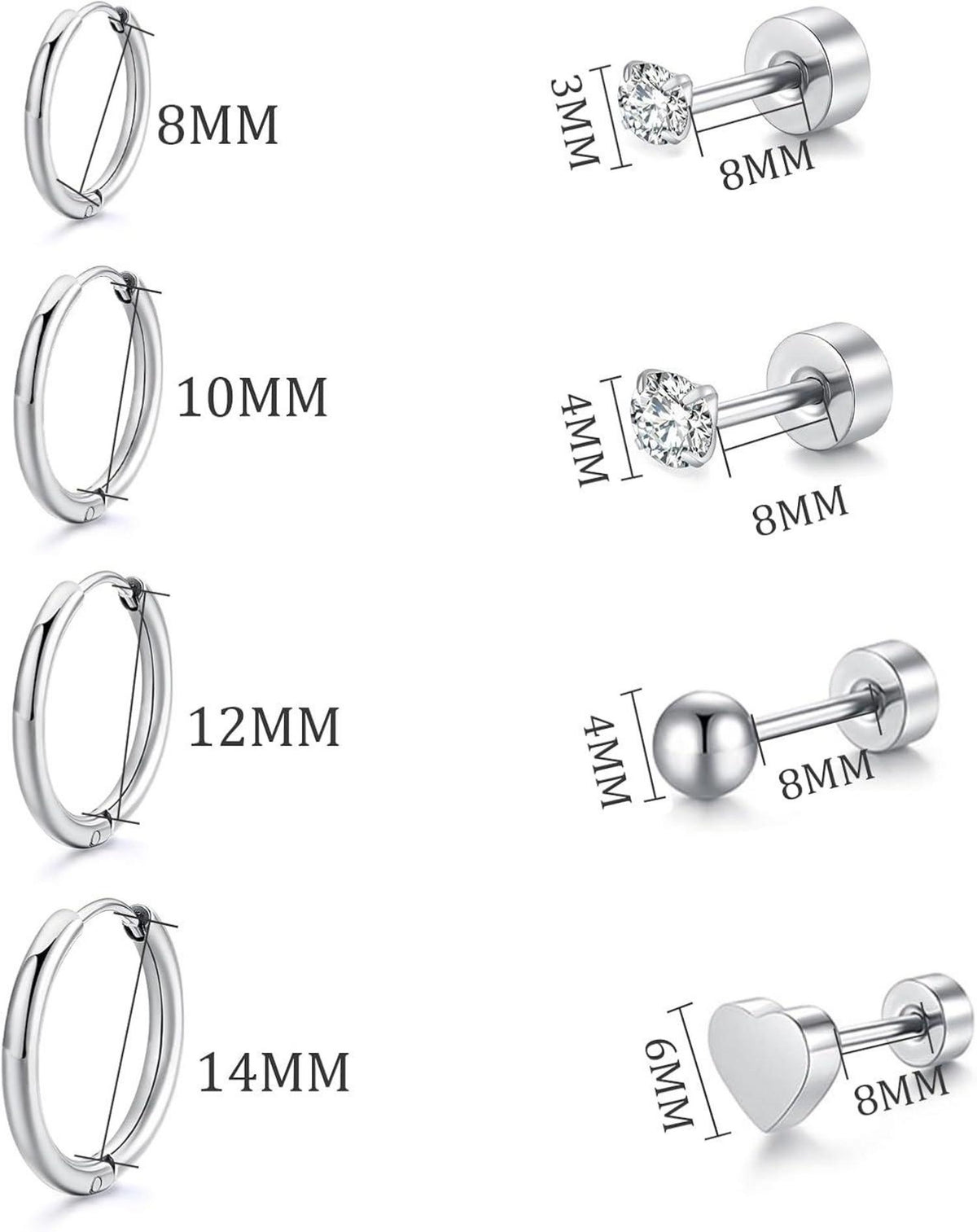 LOCCY Edelstahl Ohrringe Set 8 Paar Damen Zirkonia Kreolen