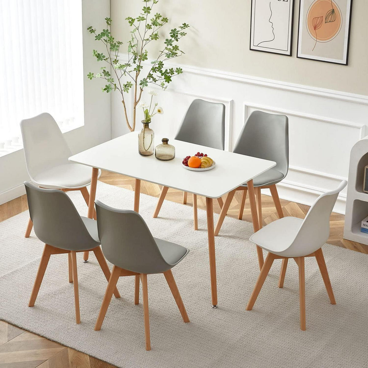 Esszimmergruppe für 6 Personen – Weißer Tisch & Grau/Weiß Stühle