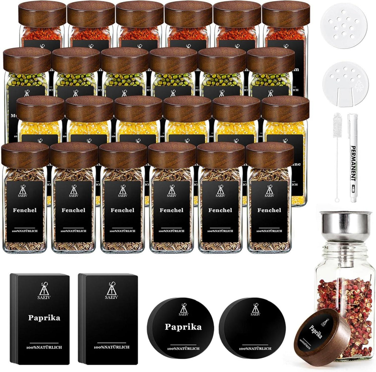 24-teiliges Gewürzgläser Set aus Akazienholz | Gewürzetiketten und