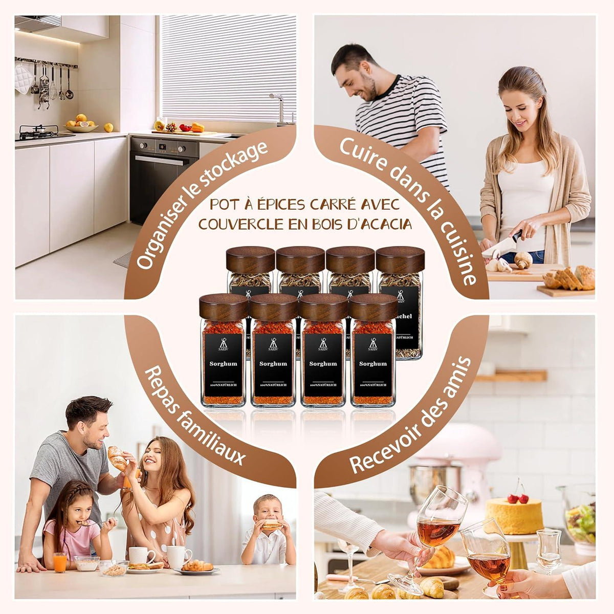 24 Gewürzdosen Set, Gewürzgläser Akazienholz Kappen, 120ml Glasbehälter