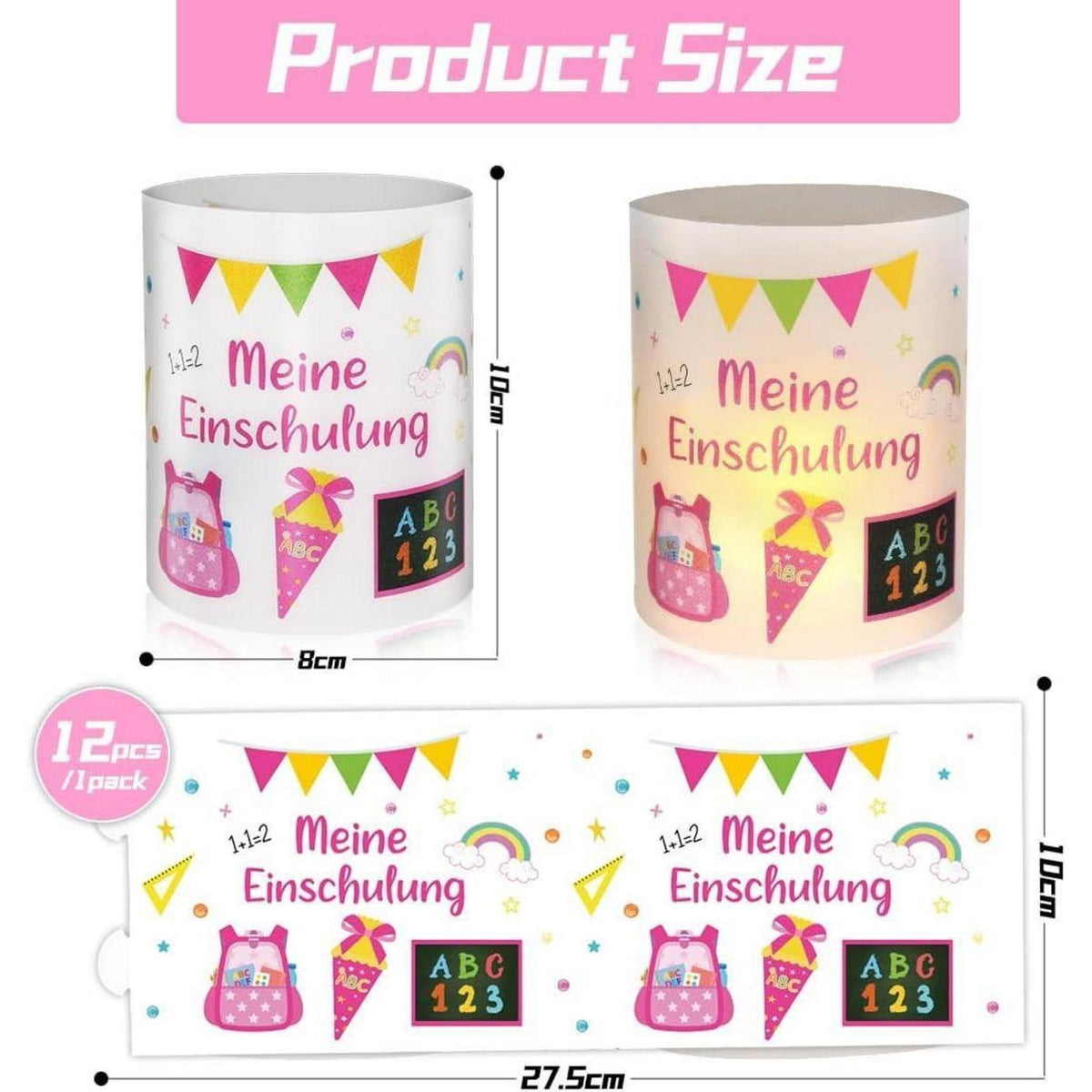 12 Windlichter Einschulung Mädchen - Meine Einschulung Deko Rosa