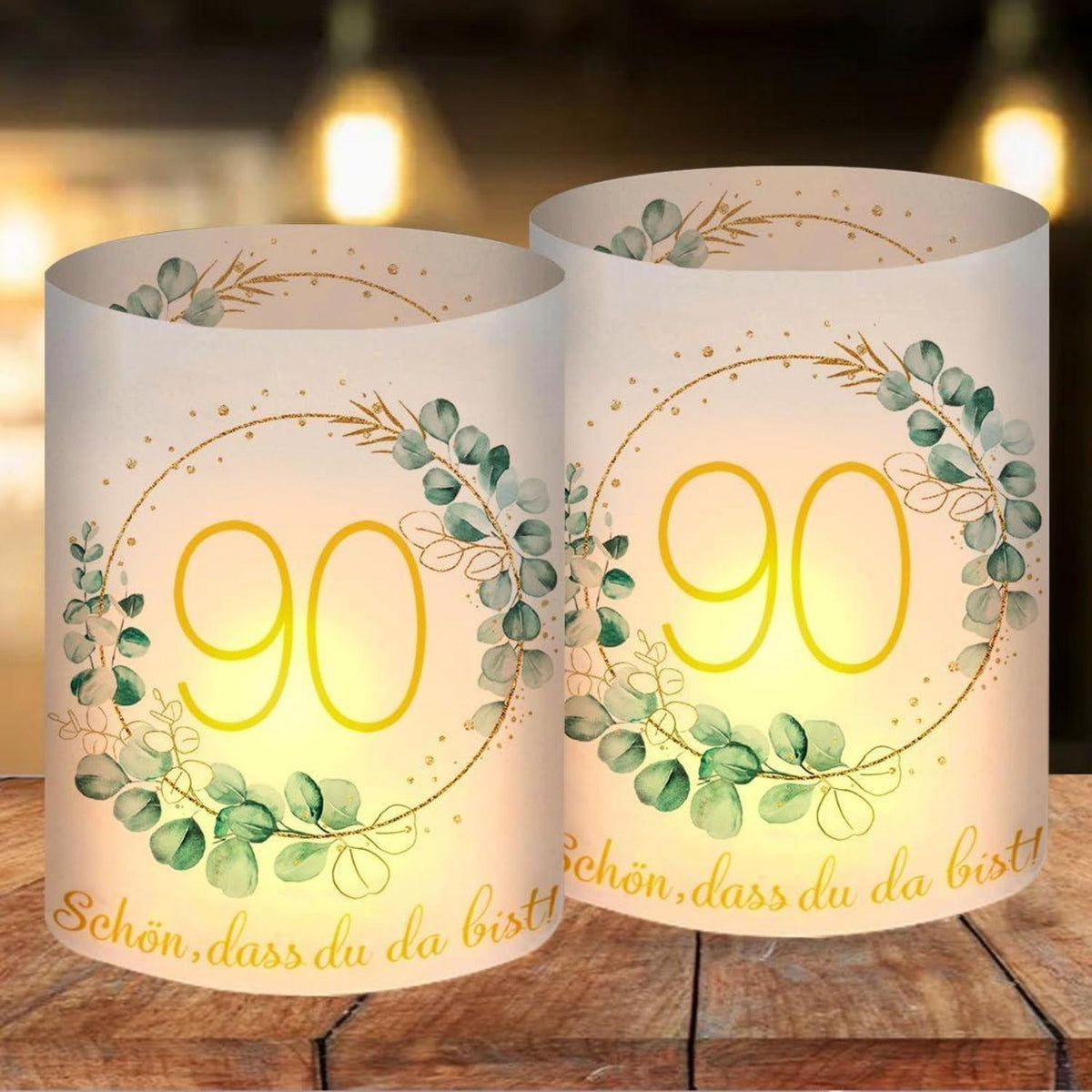 12 Windlichter 90. Geburtstag Deko mit "Schön DASS Du Da Bist"