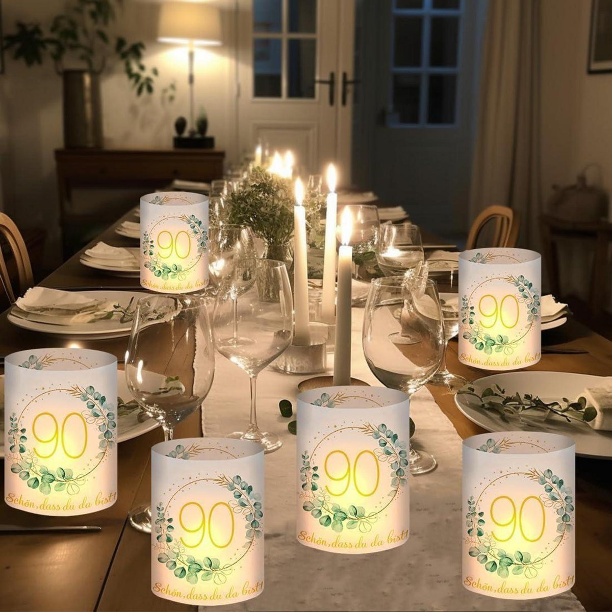 12 Windlichter 90. Geburtstag Deko mit "Schön DASS Du Da Bist"