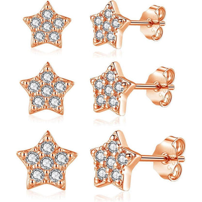 925 Sterling Silber Ohrstecker Set 3 Paar Zirkonia Herz Stern 4-6mm Rosegold