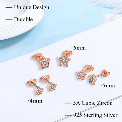925 Sterling Silber Ohrstecker Set 3 Paar Zirkonia Herz Stern 4-6mm Rosegold
