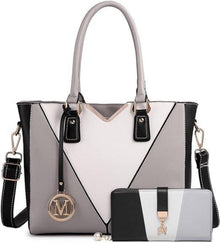 Große Damen Handtasche Grau Weiß V-förmiges Design