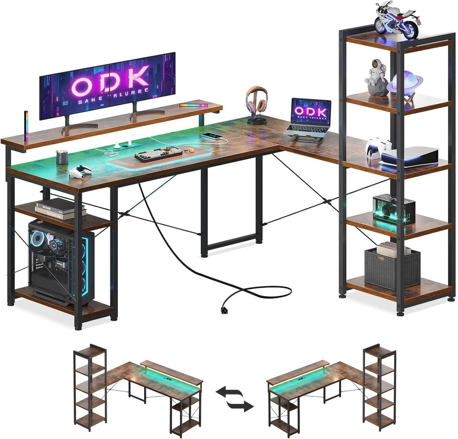 Eckschreibtisch Gaming Tisch Vintage Braun 155x140cm LED USB-A