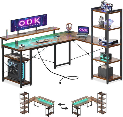 Eckschreibtisch Gaming Tisch Vintage Braun 155x140cm LED USB-A