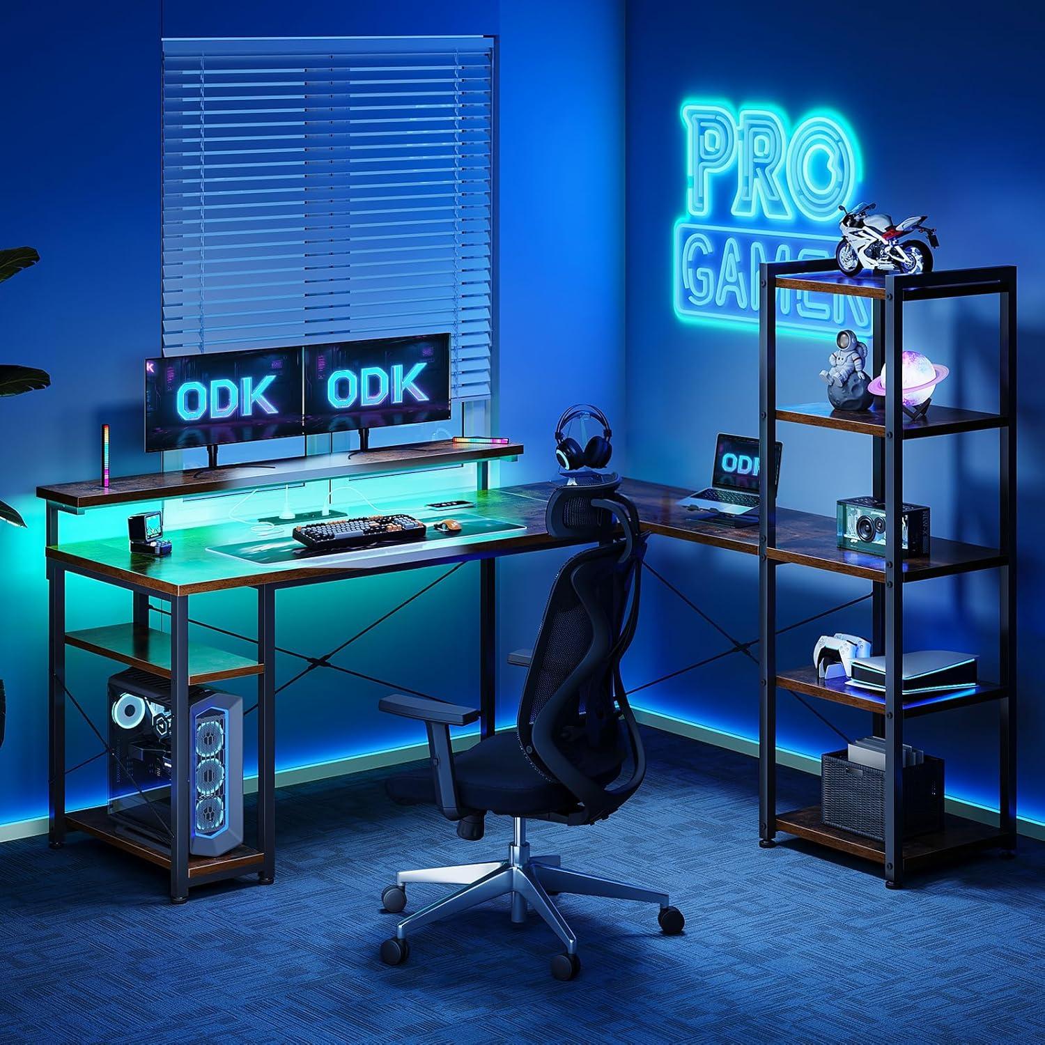 Bürotisch Gaming Tisch Vintage Braun LED Massivholz-Optik