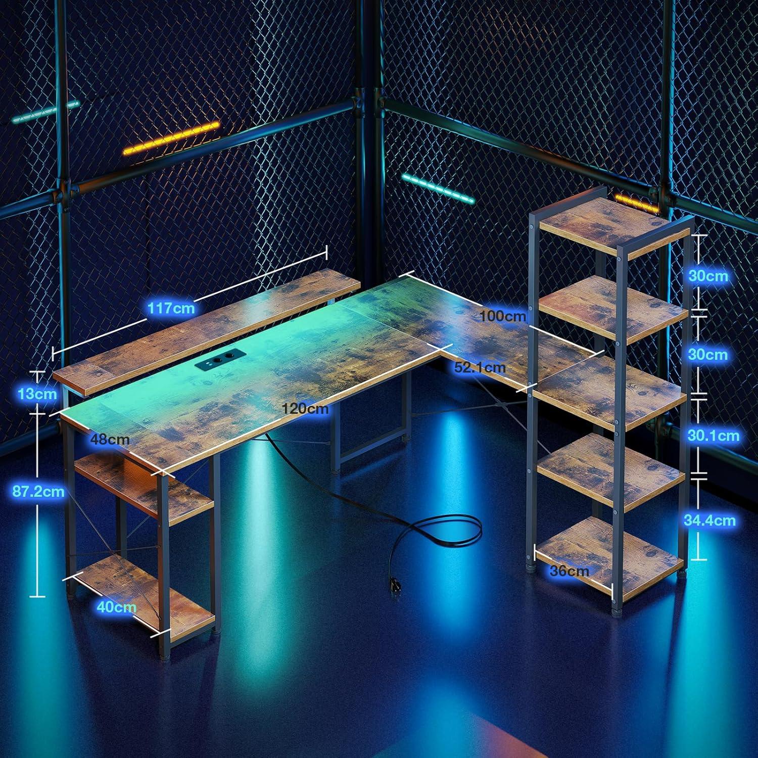 Eckschreibtisch Gaming Tisch Vintage Braun 155x140cm LED USB-A