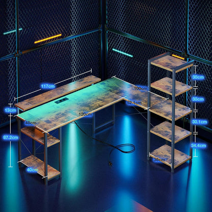 Eckschreibtisch Gaming Tisch Vintage Braun 155x140cm LED USB-A