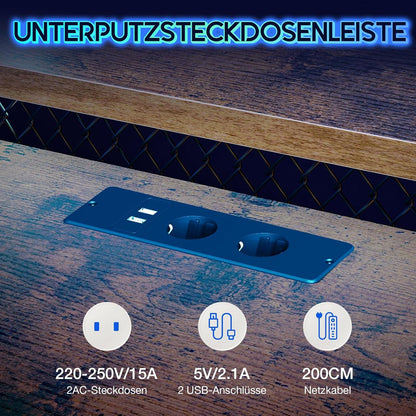 ODK Bürotisch Gaming L-Form Vintage Braun LED Steckdosen USB Monitorständer