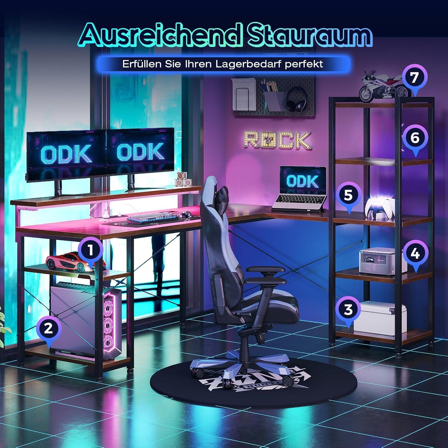 Bürotisch Gaming Tisch Vintage Braun LED Steckdosen USB