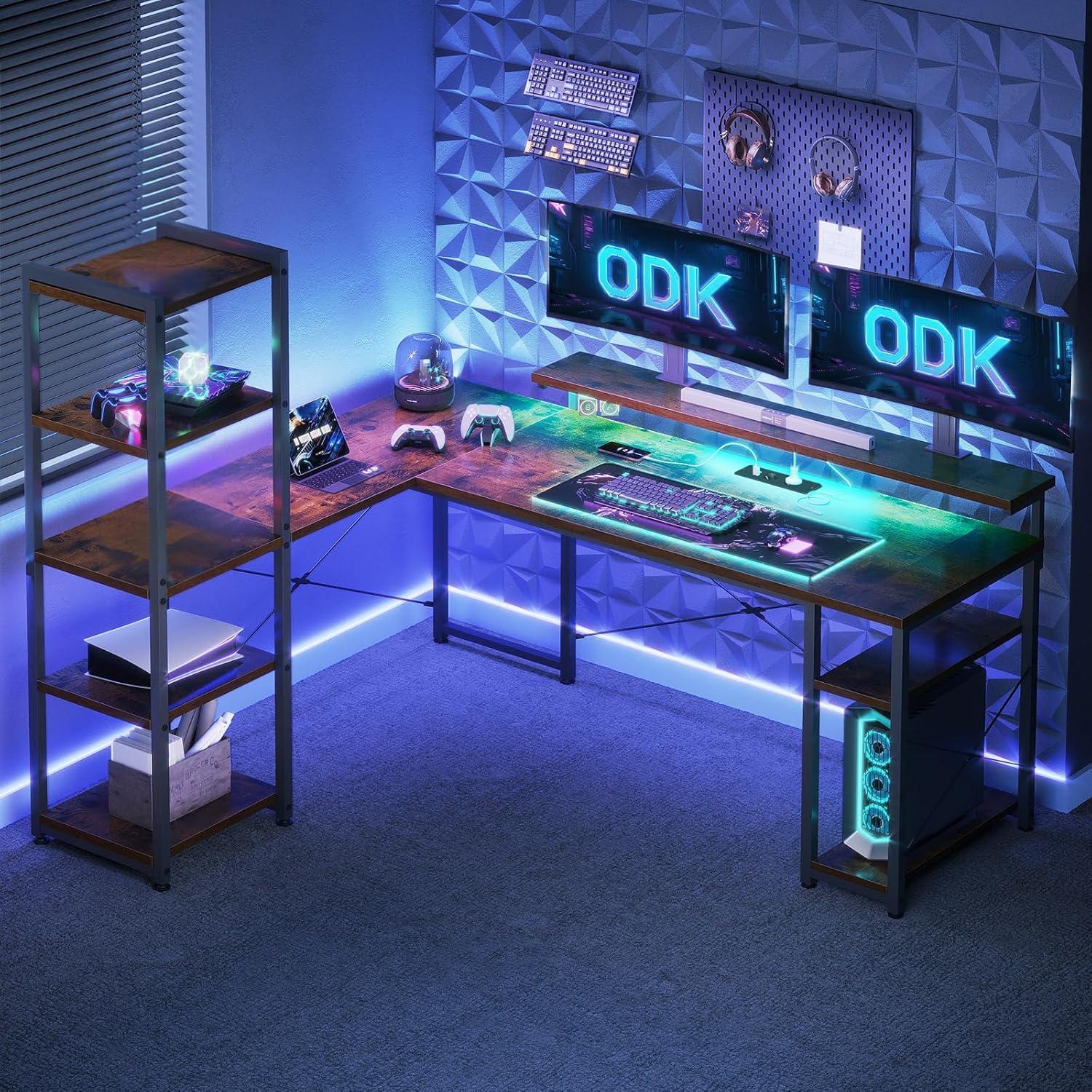 ODK Bürotisch Gaming L-Form Vintage Braun LED Steckdosen USB Monitorständer