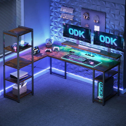 ODK Bürotisch Gaming L-Form Vintage Braun LED Steckdosen USB Monitorständer