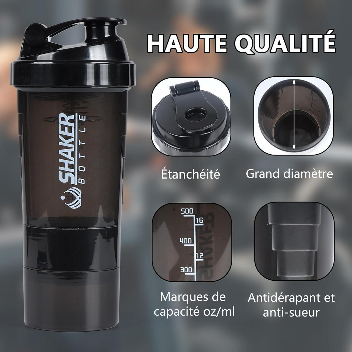 Protein Shaker 500ml Auslaufsicher mit Edelstahl-Mixkugel Schwarz