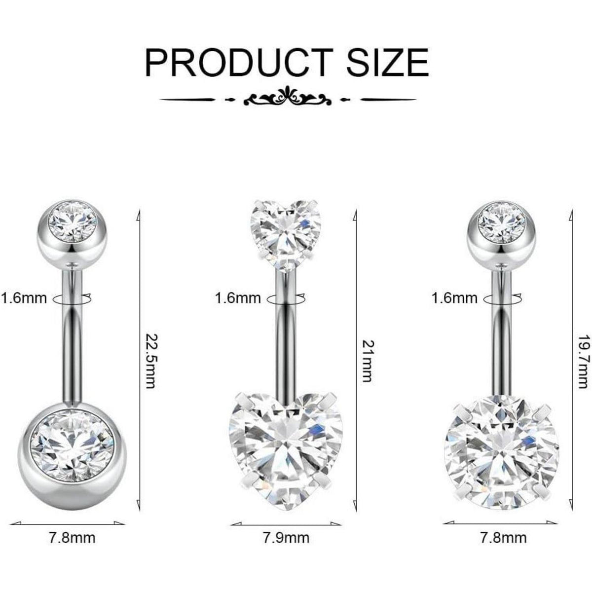 Bauchnabelpiercing 14G Edelstahl Hypoallergen mit Perlen & Zirkonia 3er Set