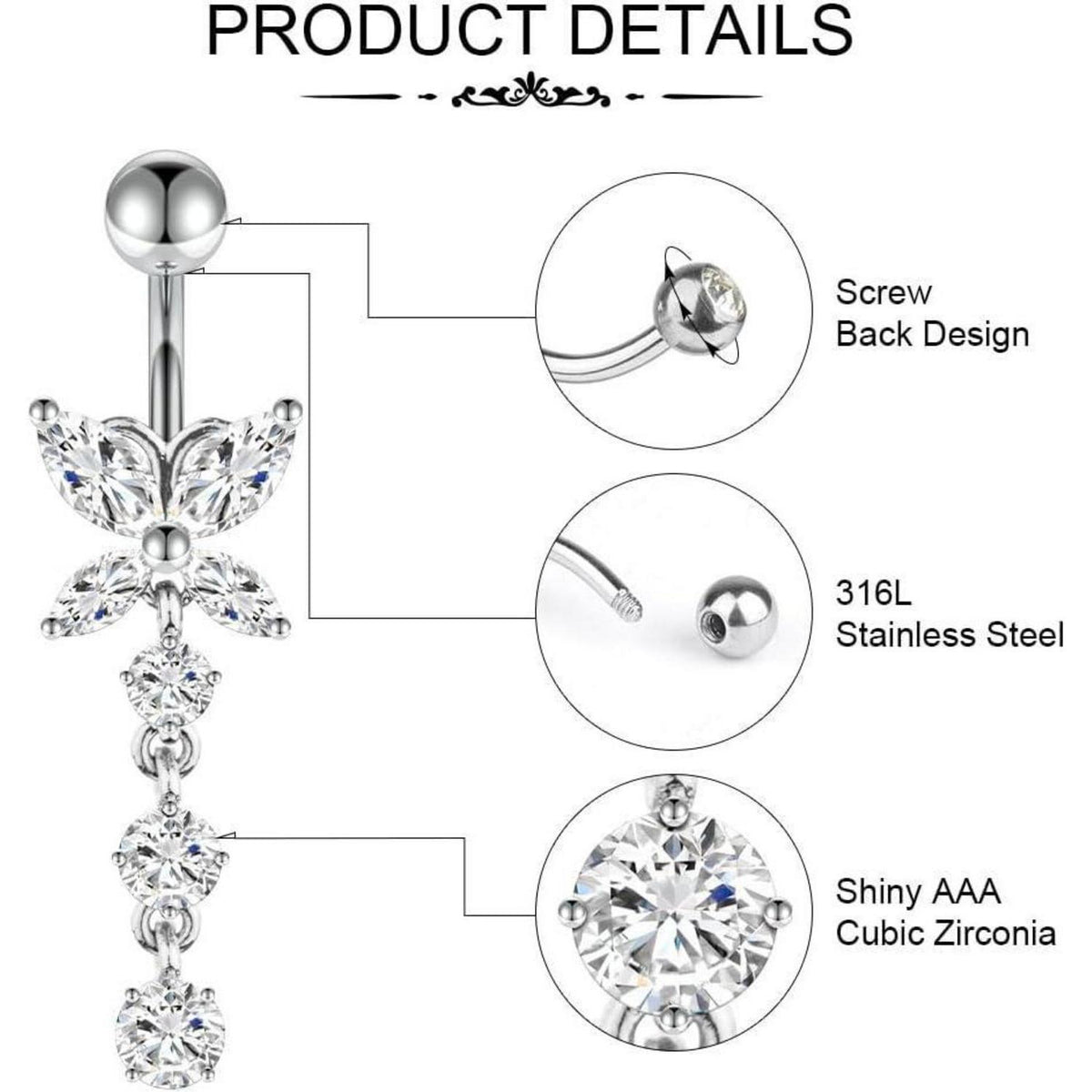Bauchnabelpiercing 3er Set, Hypoallergener Edelstahl, Silber