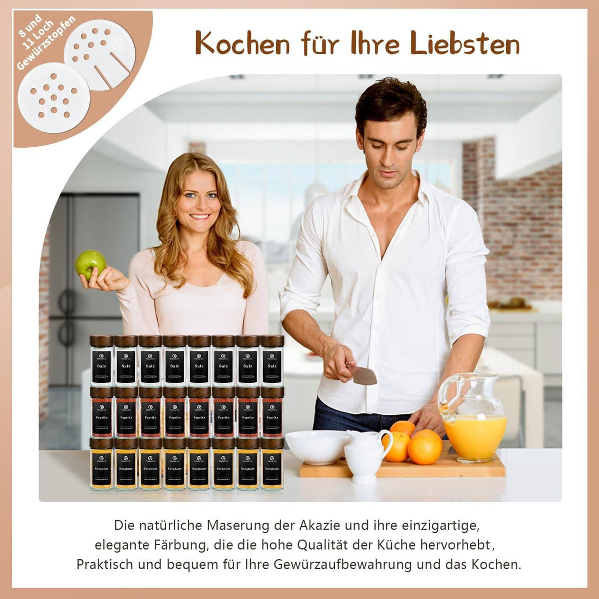 SAEIV Gewürzdosen Set 12 Gläser Akazienholz Kappe 180