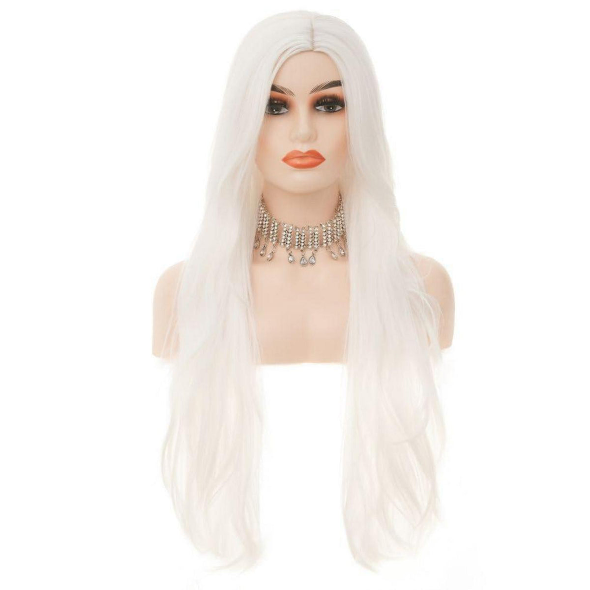 Weiße Lange Wellige Perücke Damen Synthetik Cosplay Perücke mit Cap