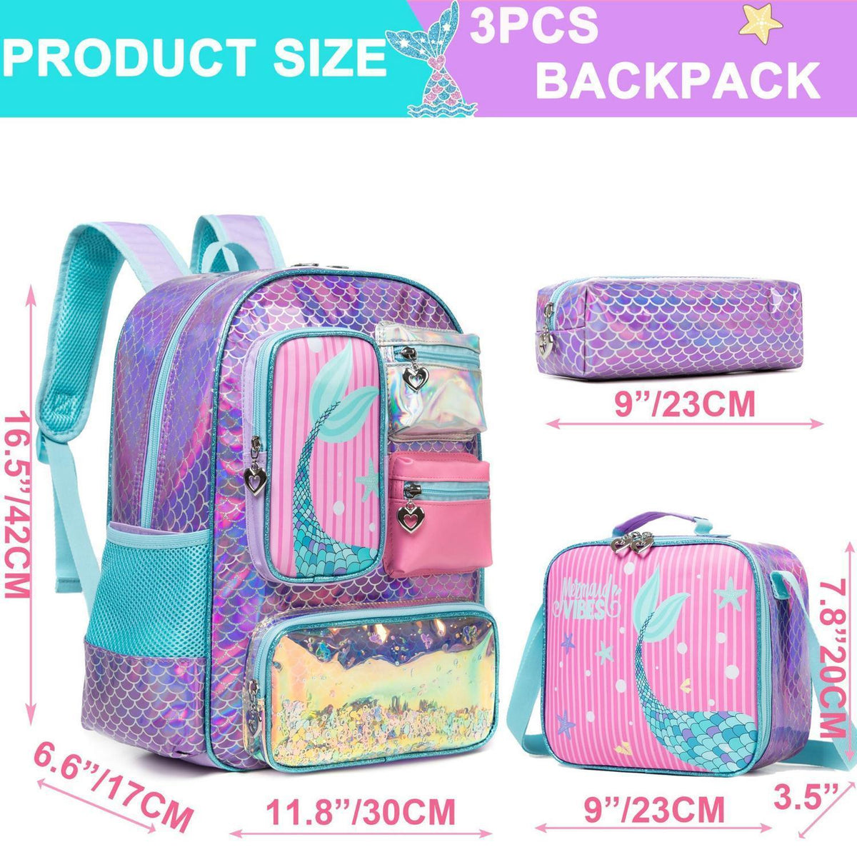 Mädchen Rolling Backpack Set mit Rädern – Meerjungfrau Rosa 6-8 Jahre