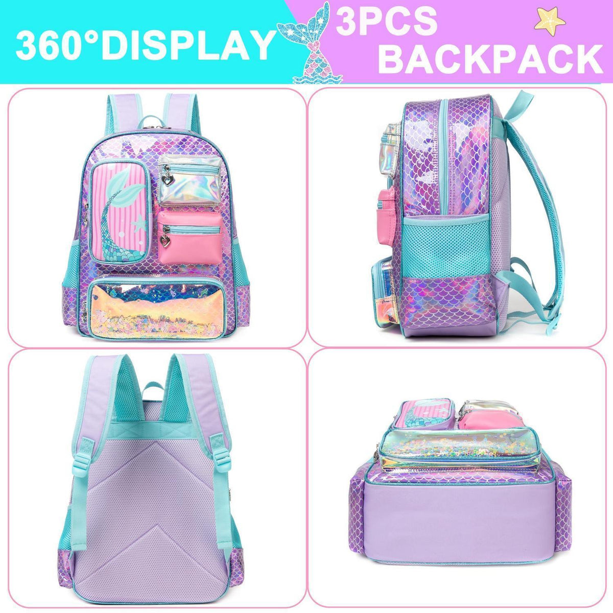 Mädchen Rolling Backpack Set mit Rädern – Meerjungfrau Rosa 6-8 Jahre