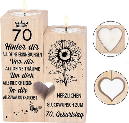 Kerzenhalter 70 Geburtstag Frau Mann Geschenk Holz Deko 10x4,5x12cm