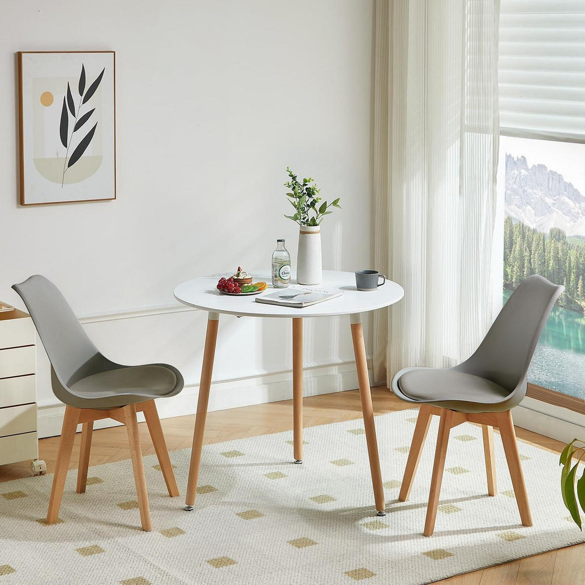 Runder Esstisch Set für 2 Personen – Weißer Tisch + 2 Grau Stühle