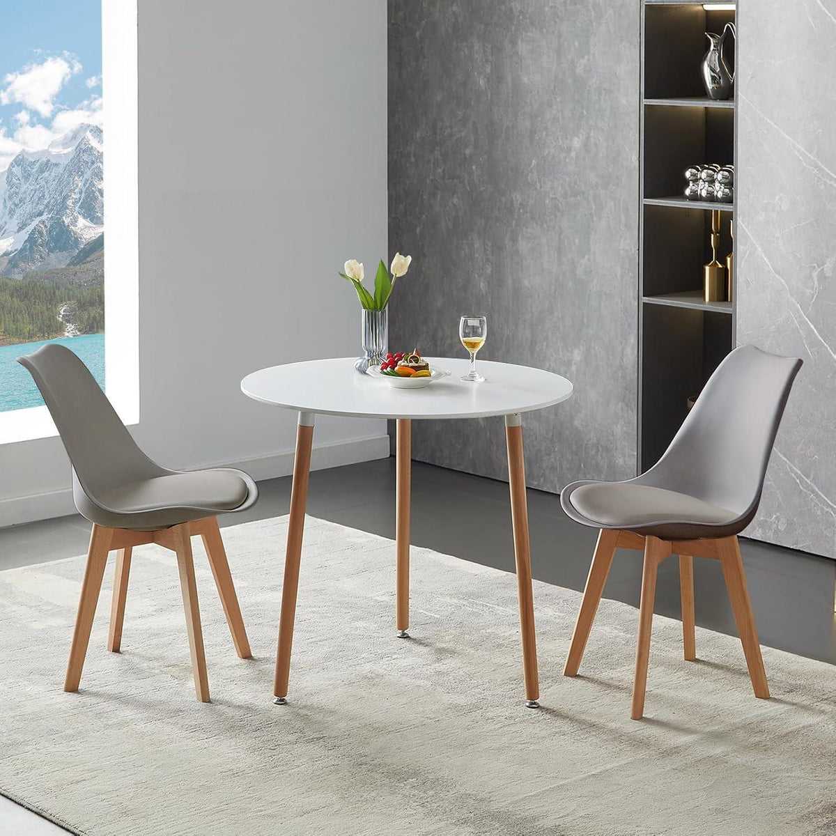 Runder Esstisch Set für 2 Personen – Weißer Tisch + 2 Grau Stühle