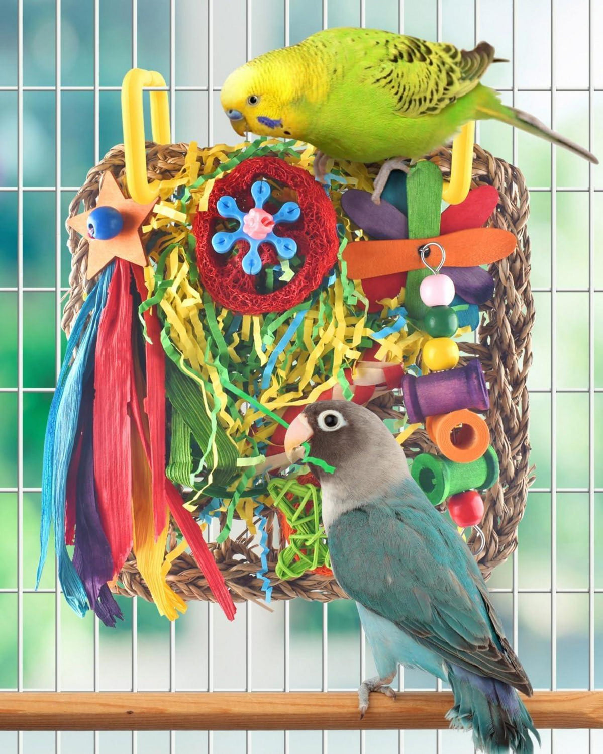 Vogelspielzeug für Papageien und Vögel - Multifunktions Spielzeug aus Naturholz und Seegras