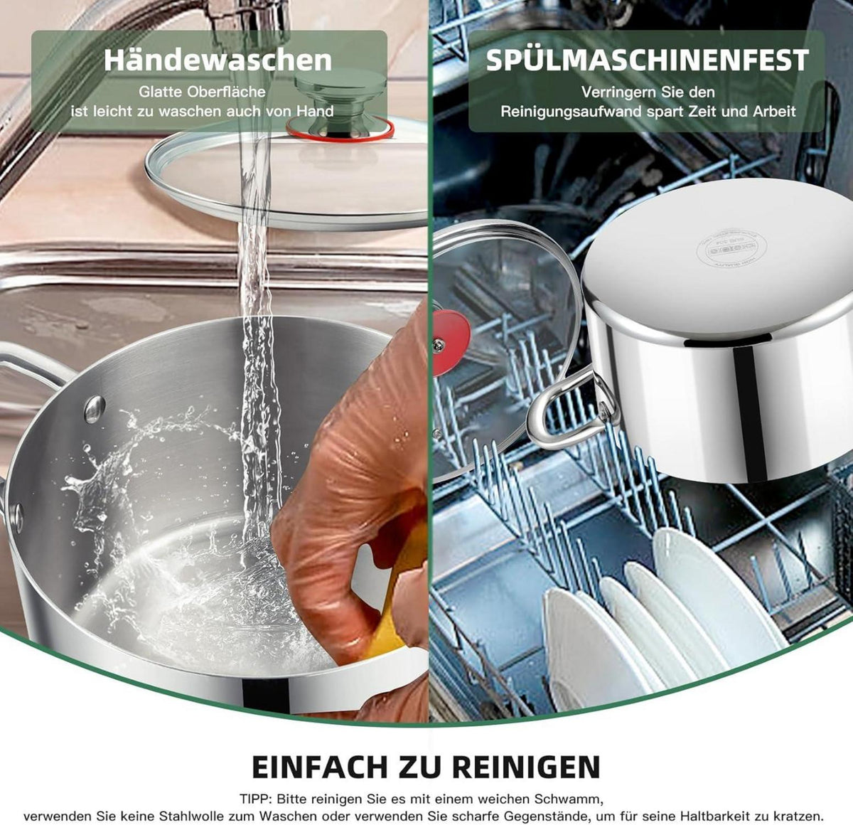 Kochtopf 3-Lagen Edelstahl Induktion 3,3L Glasdeckel Herdarten 20cm