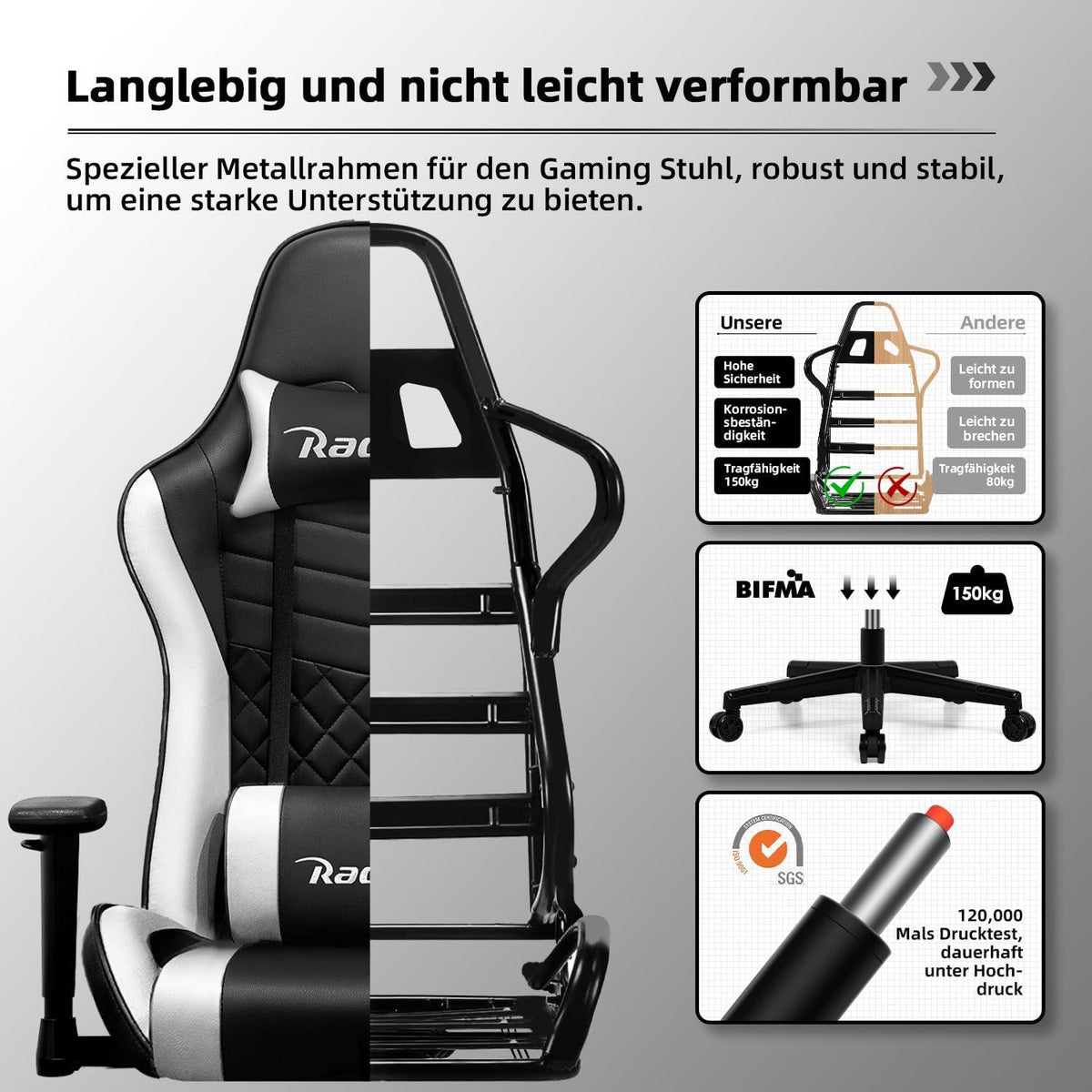 Gaming Stuhl mit Wippfunktion bis 170° und verstellbaren Kissen