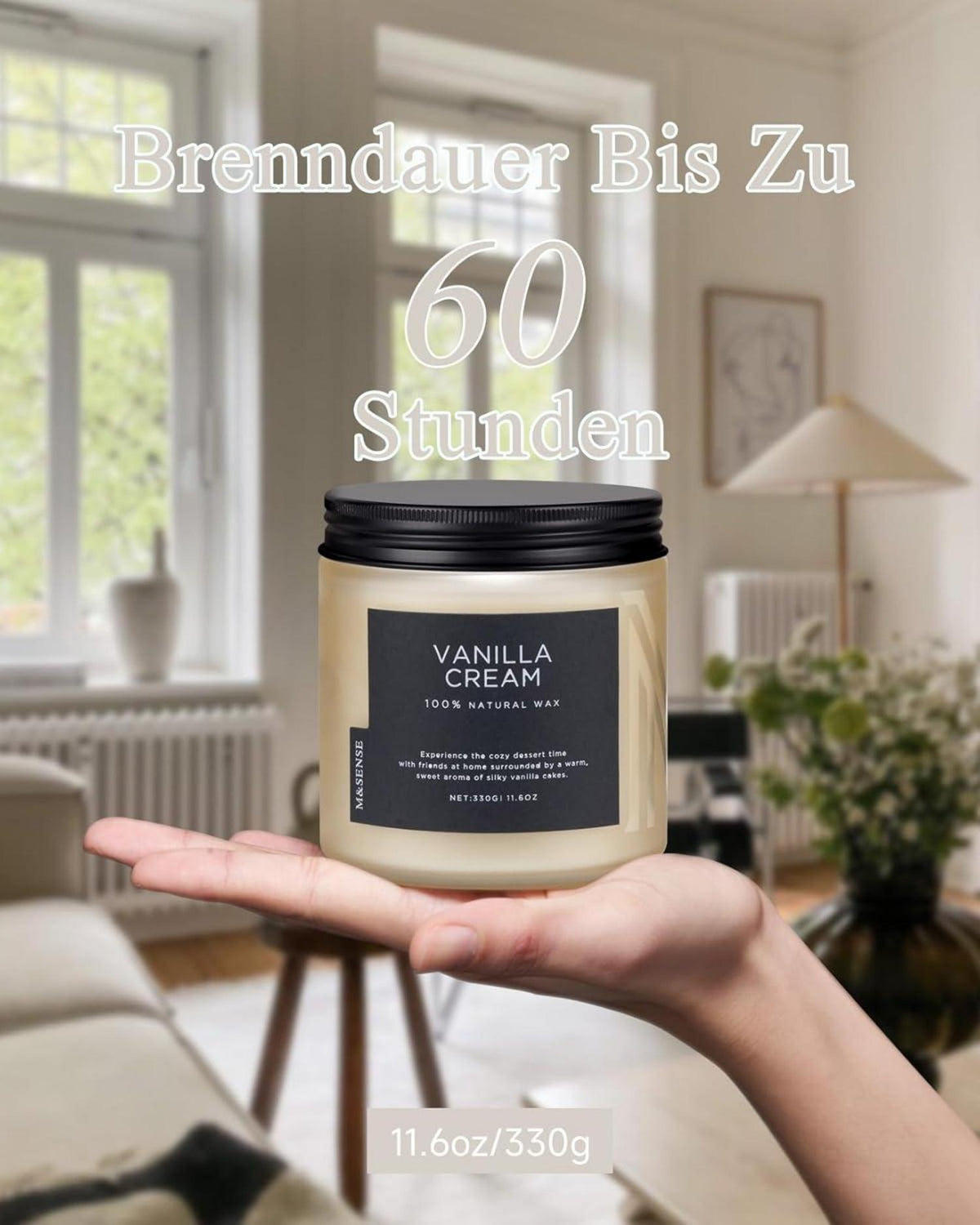 Duftkerze Vanille Sahne im Glas, 330g, 70 Std. Brenndauer, Aromatherapie, Sojawachs