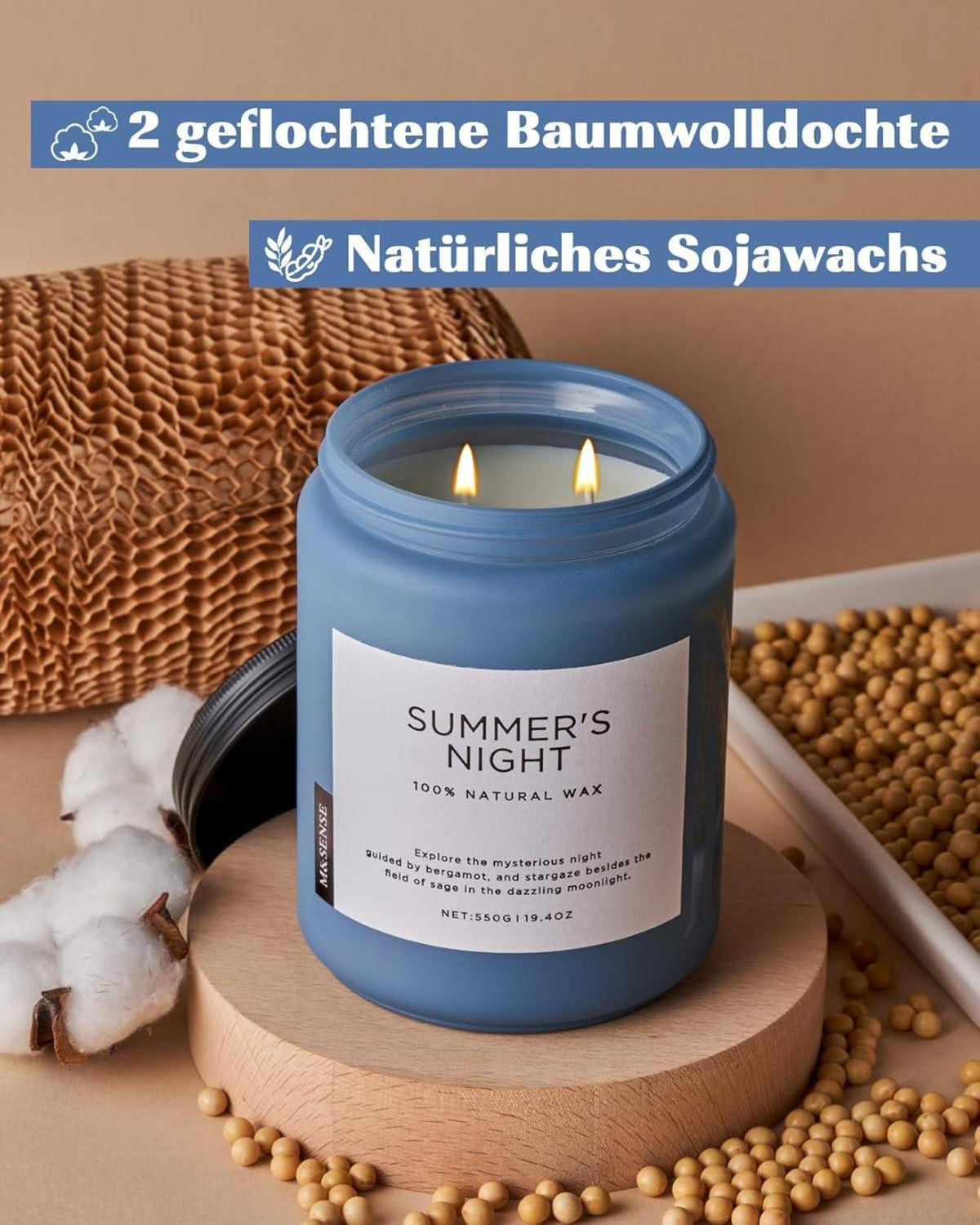 Duftkerze 550g Sojakerze 2 Dochte große Kerze bis zu 110h Brenndauer