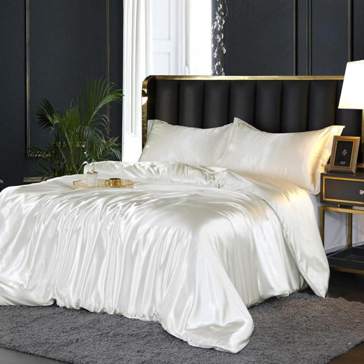 Glänzende Satin Bettwäsche Set 200x220 Weiß Beige Creme