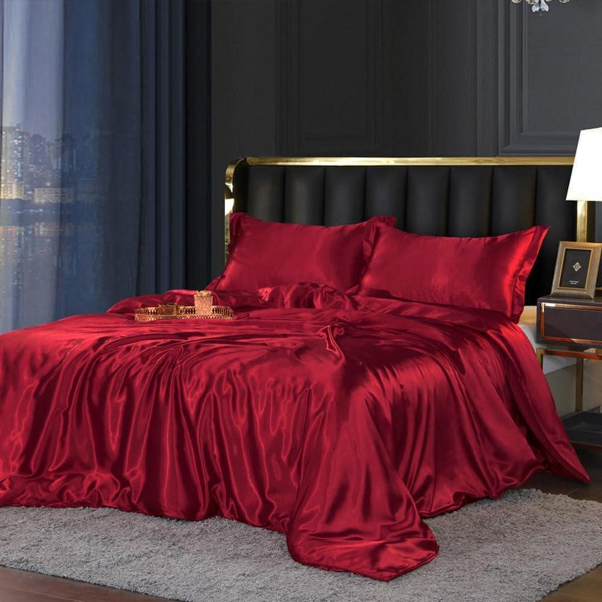 Bettwäsche-Set 135x200 cm, 4-teilig, Rot/Weinrot, Satin Glanz