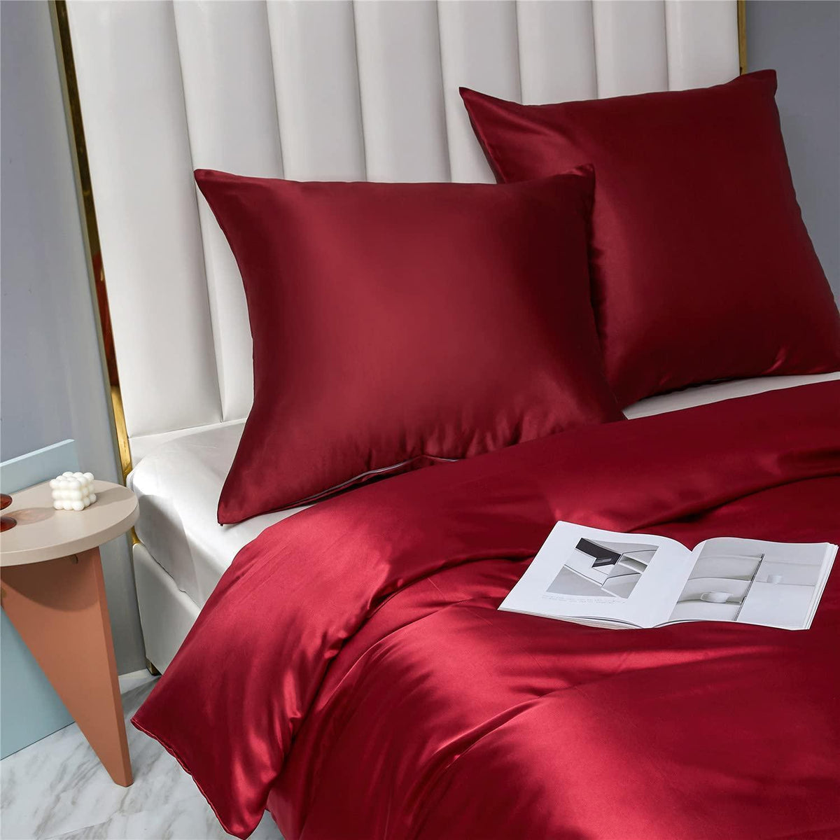 Bettwäsche-Set 135x200 cm, 4-teilig, Rot/Weinrot, Satin Glanz