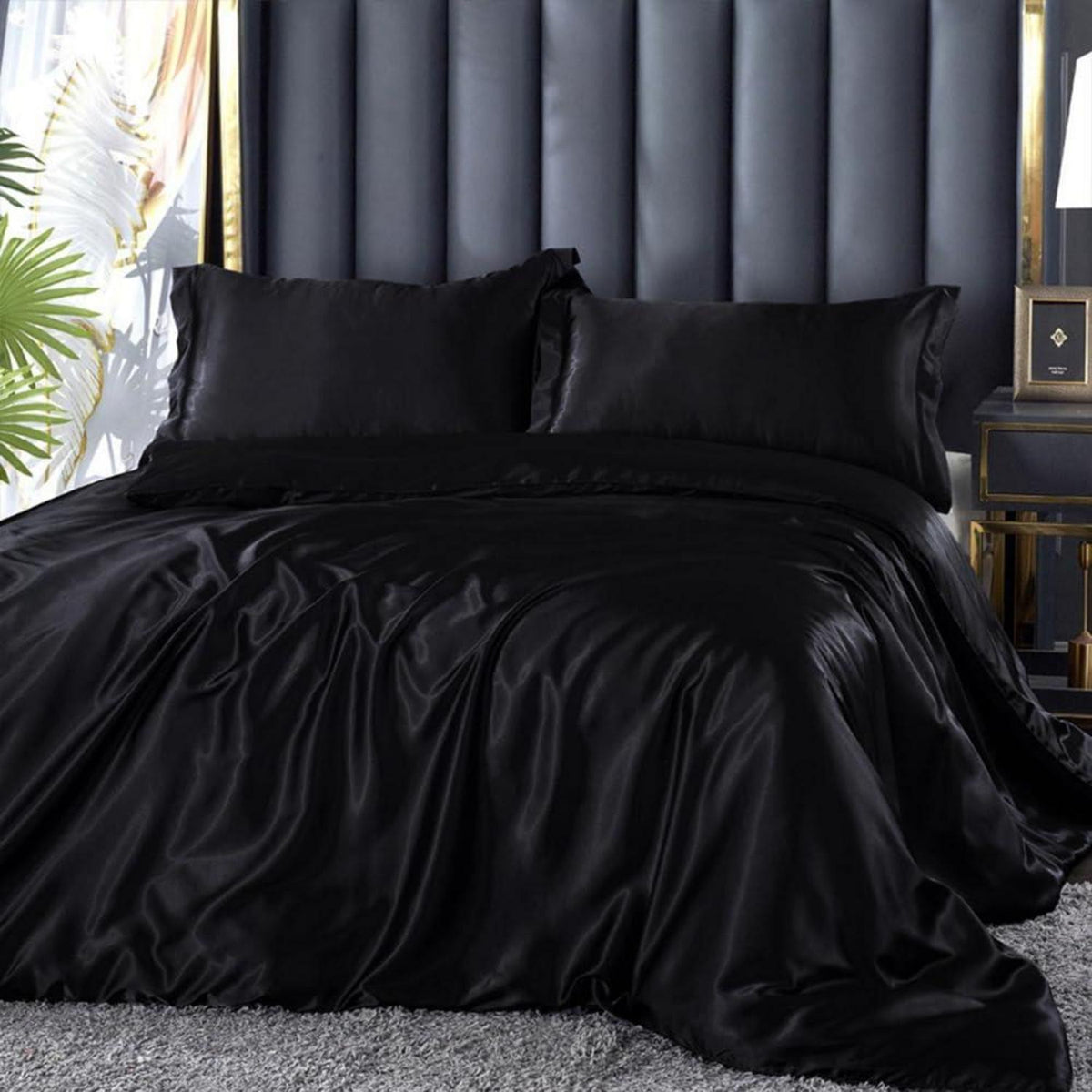 4tlg. Bettwäsche-Set Schwarz 135x200 cm | Satin Glanz