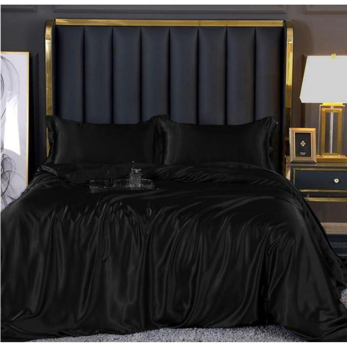 4tlg. Bettwäsche-Set Schwarz 135x200 cm | Satin Glanz