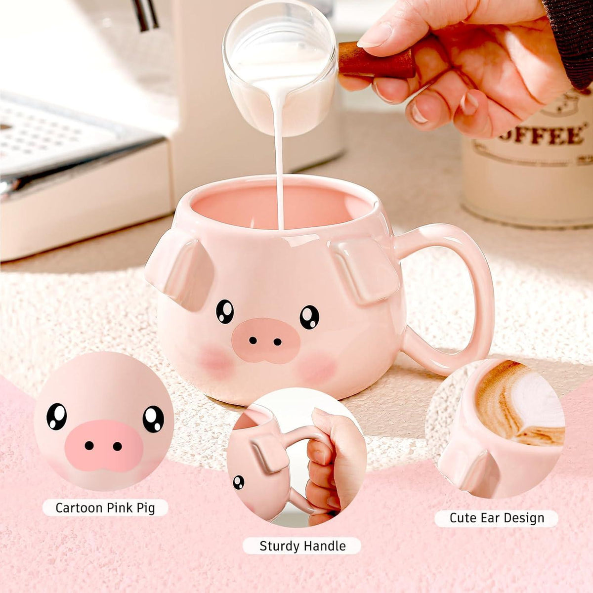Kaffeetasse 3D Porzellan 400 ml niedliches Schwein personalisierbar Frau Mutter Kind Urlaubspaarton Rosa