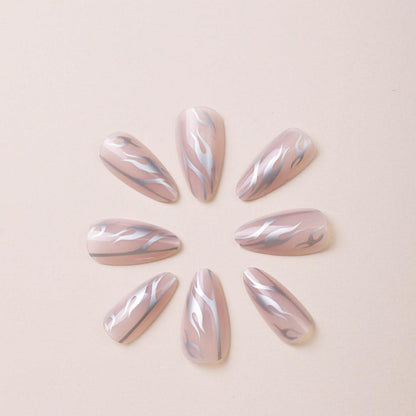 24 Stück Silber Swirl Mandel Nägel Glossy Pink Oval Kurz