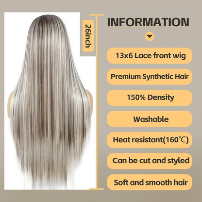 Lange Gerade Perücke 26 Zoll, Eschenweiß Lace Front Perücke